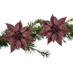 2x stuks kerstboom decoratie bloemen donkerrood glitter op clip 18 cm - Kersthangers