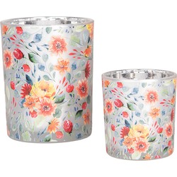 Clayre & Eef Theelichthouder Set van 2 Ø 7x8 / 10x13 cm Grijs Glas Bloemen