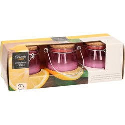 Set van 3x stuks anti muggen Citronella kaars in paars glazen potje - geurkaarsen