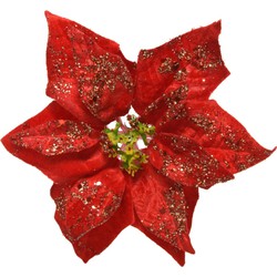 1x stuks decoratie bloemen kerstster rood glitter op clip 20 cm - Kersthangers