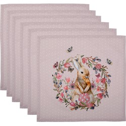 Clayre & Eef Servetten Katoen Set van 6  40x40 cm Beige Roze Katoen Vierkant Konijn Bloemen Servet Stof