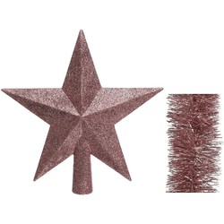 Kerstversiering kunststof glitter ster piek 19 cm en folieslingers pakket oud roze van 3x stuks - kerstboompieken