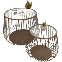 Clayre & Eef Bijzettafel Set van 2 Ø 75*55 / Ø 53*45 cm Bruin Ijzer, Glas Sidetable Tafeltje