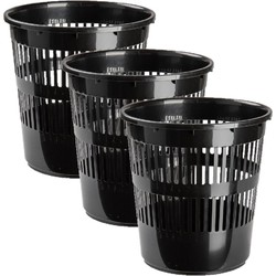 3x stuks afvalbakken/vuilnisbakken/kantoorprullenbakken plastic zwart 28 cm - Prullenmanden