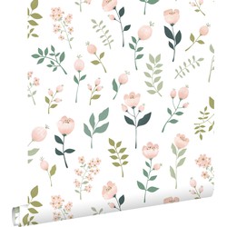 ESTAhome behang bloemen wit, roze en groen - 0,53 x 10,05 m - 139339