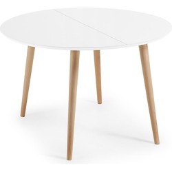 Kave Home - Oqui ronde uittrekbare tafel, gelakt MDF en massief beukenhouten poten 120(200)x120 cm