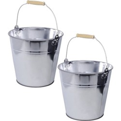 Concorde Zinken emmer/plantenpot - 2x - zilver - 8 liter - houten handvat - IJzeren emmer / teil