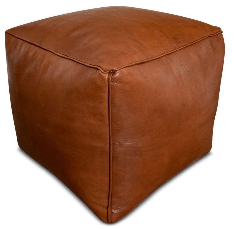 Poufs&Pillows vierkante leren poef - handgemaakt en uniek - caramel, cognac bruin - 