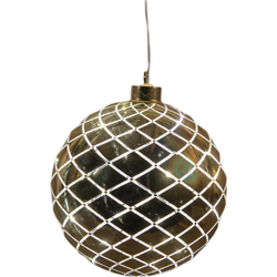 Kersthanger bal glas diamant patroon 12led warm wit op batterij met timer d15 cm glimmend goud