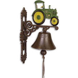A PAIR OF CAST IRON GREEN AND YELLOW TRACTOR BELLS