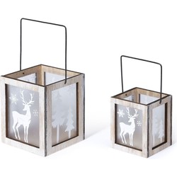 Set van 2x stuks kerst lantaarns/windlichten met rendieren print 8,5 en 11 cm - Kerstbeeldjes