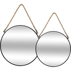 Set van 2x spiegels/wandspiegels rond metaal zwart met touw - Spiegels