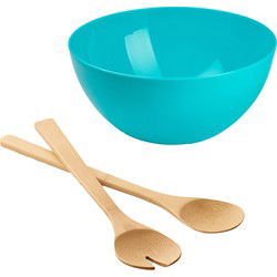 Salade/fruit serveer schaal - blauw - kunststof - Dia 28 cm - met bamboe Sla couvert/bestek - Serveerschalen