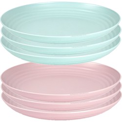 Setje van 6x stuks ronde kunststof borden groen en roze 25 cm - Campingborden