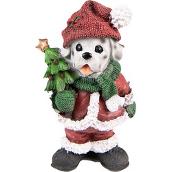 Clayre & Eef Beeld Hond 15 cm Rood Groen Polyresin Kerstdecoratie