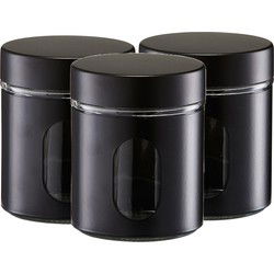 Zeller Voorraadpot met venster - 3x - zwart - 600 ml - glas/metaal - Voorraadblikken