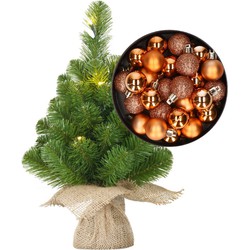 Mini kunst kerstboom - H45 cm - met verlichting en kerstballen - koper - Kunstkerstboom