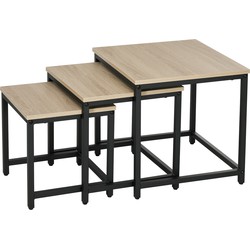 Set van 3 bijzettafels, industrieel ontwerp, zwart stalen frame, tafelblad met houteffect