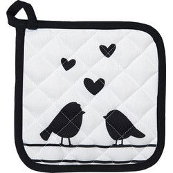 Clayre & Eef Pannenlap  20x20 cm Wit Zwart Katoen Vierkant Harten Vogels Afgiet Pannenlap
