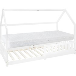 Kinderbed met uitvalbeveiliging lattenbodem en dak 200x90 cm wit grenen hout ML-Design