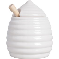 Esschert Design Honingpot incl lepel - wit - keramiek/hout - 400 ml - Voorraadpot