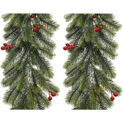 Set van 2x stuks kerst dennenslinger guirlandes groen met verlichting en decoratie 30 x 180 cm - Guirlandes