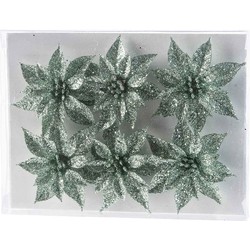 Cosy & Trendy Bloemen op clip - 6x st - mintgroen - glitter - 8 cm - Kunstbloemen