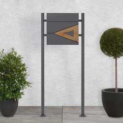 Staande brievenbus met krantenvak 37x36,5x11 cm antraciet/houtlook gemaakt van staal ML design, modern driehoekig ontwerp, stahoogte 120cm antraciet