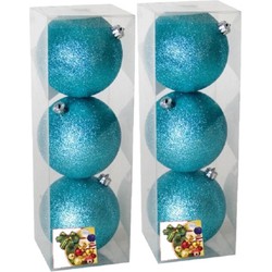 6x stuks kerstballen ijsblauw glitters kunststof 10 cm - Kerstbal