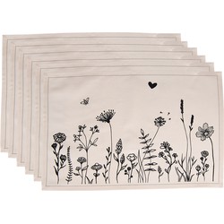 Clayre & Eef Placemats Set van 6  48x33 cm Beige Zwart Katoen Bloemen Tafelmat