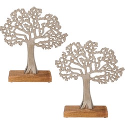 2x Stuks decoratie levensboom van aluminium op houten voet 33 cm zilver - Beeldjes
