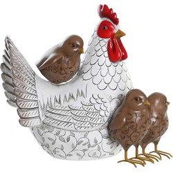 Items Home decoratie dieren/vogel beeldje - Kip met kuikens - 25 x 22 cm - binnen/buiten - wit/bruin - Beeldjes