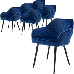 Eetkamerstoel set van 6 diamond quilting met rugleuning en armleuningen Donkerblauw Keukenstoel met microvezel fluwelen bekleding ML design