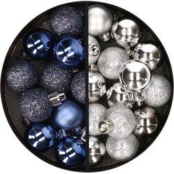 34x stuks kunststof kerstballen donkerblauw en zilver 3 cm - Kerstbal
