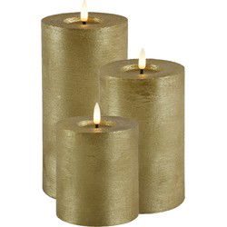 LED kaars/stompkaars set - 3x st - goud - H10, H15 en H20 cm- warm wit - LED kaarsen