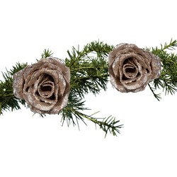 2x stuks kerstboom decoratie bloemen op clip champagne glitter 7 cm - Kersthangers