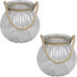 2x stuks glazen ronde windlichten 2 liter met touw hengsel/handvat 14,5 x 14,5 cm - Vazen