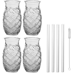 Set van 4x Cocktailglazen transparant 505 ml Pina Colada met glazen rietjes - Cocktailglazen