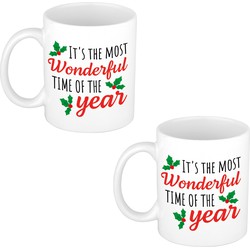 2x stuks most wonderful time of year Kerstmis cadeau kerstmok / kerstbeker wit 300 ml - Bekers