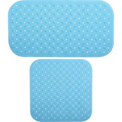 MSV Douche/bad anti-slip matten set badkamer - rubber - 2x stuks - lichtblauw - 2 formaten - Badmatjes