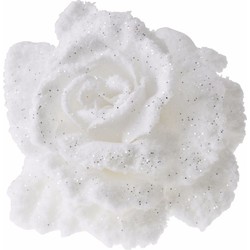 Witte roos met glitters 10 cm - Kunstbloemen
