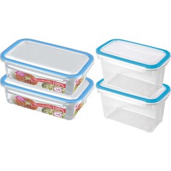 4x Voedsel plastic bewaarbakjes 1,2 en 1,5 liter transparant/blauw - Vershoudbakjes