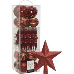 Decoris 30x st kunststof kerstballen, ornamenten en piek rood - Kerstbal