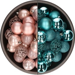 74x stuks kunststof kerstballen mix van lichtroze en turquoise blauw 6 cm - Kerstbal