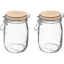 5Five Weckpot/voorraadpot - 2x - 1L glas - houten deksel en beugelsluiting - Voorraadpot