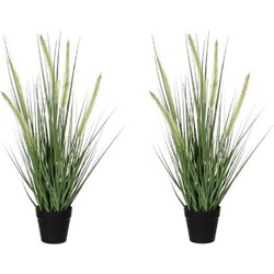 2x Groene Dogtail siergras kunstplanten 53 cm met zwarte pot - Kunstplanten