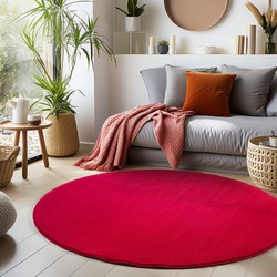 Sky Soft Uni Basic - Rond Vloerkleed - Laagpolig - Effen Kleur - Rood - Woonkamer Tapijt - Anti-Slip Rug- 120 CM ROND