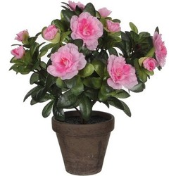 2x Groene Azalea kunstplanten met roze bloemen 27 cm met pot stan grey - Kunstplanten