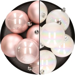 12x stuks kunststof kerstballen 8 cm mix van lichtroze en parelmoer wit - Kerstbal
