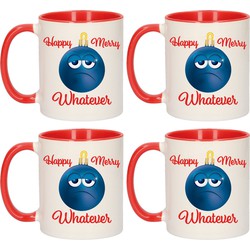 Set van 4x stuks kerstcadeau mokken / bekers Merry Happy whatever chagrijnige smiley kerstbal 300 ml - Bekers